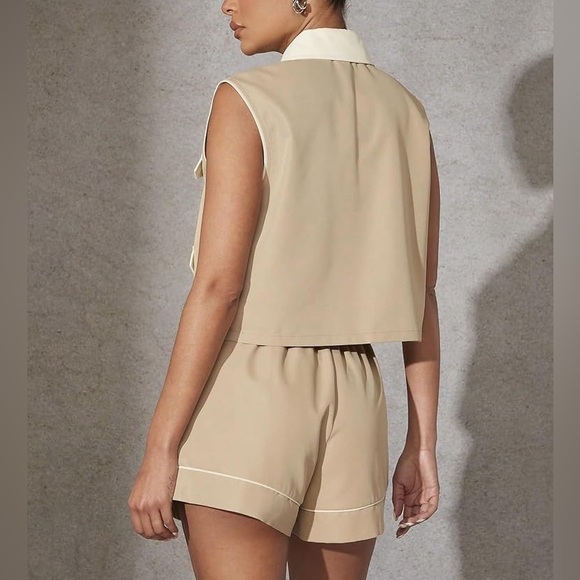 Tan & ivory matching 2 piece shorts & vest set — pocket front button up detail - Picture 6 of 7